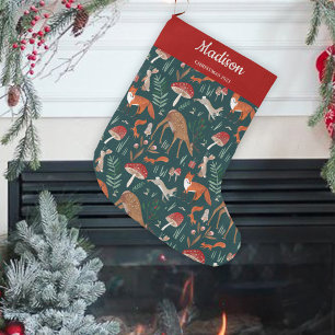 Meia De Natal Grande Animais Fofos da Floresta Natal Verde