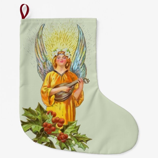 Meia De Natal Grande Anjo Com Azevinho E Bandolim  (Frente)