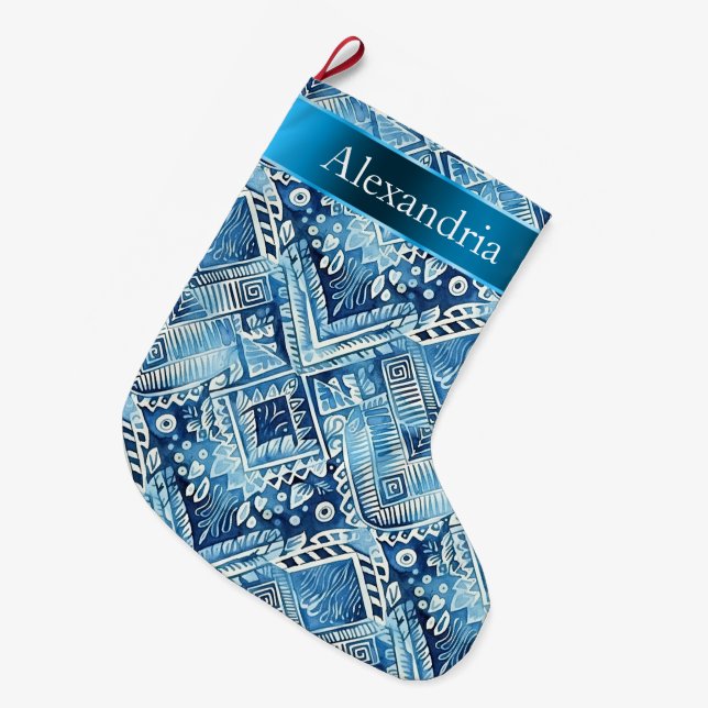 Meia De Natal Grande Aqua Blue Batik (Frente (Pendurada))
