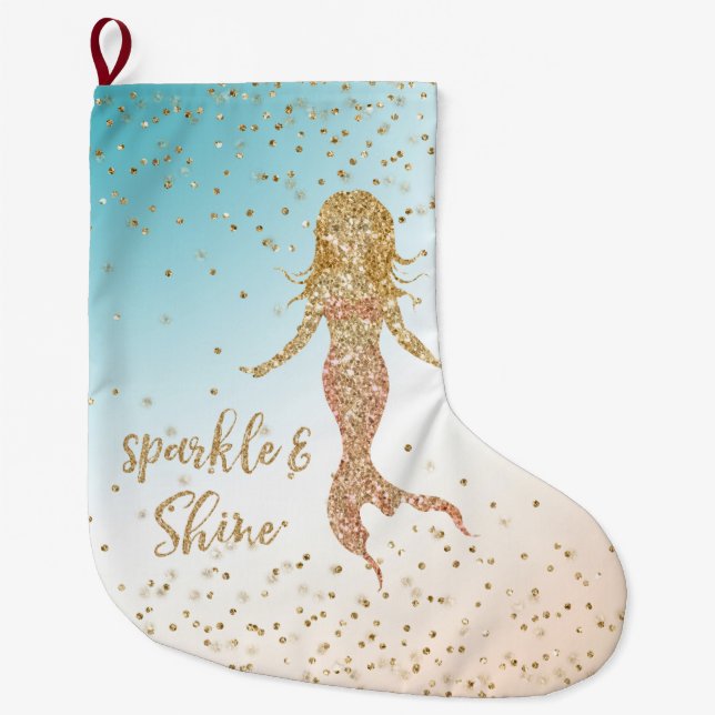 Meia De Natal Grande Aqua Dourada Mermaid Sparkle Confetti (Frente)