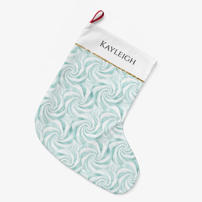 Meia De Natal Grande Aqua Mint White Swirls (Frente (Pendurada))