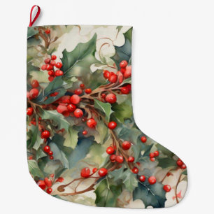 Meia De Natal Grande Aquarela vintage de folhas e frutos de azevinho