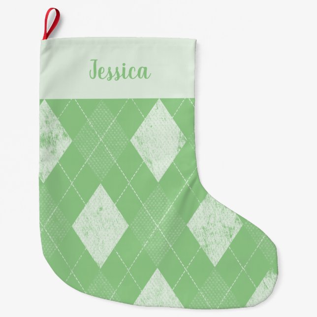 Meia De Natal Grande Argyle Desgastado Verde e Branco (Frente)