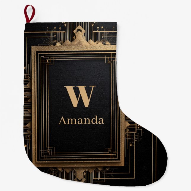 Meia De Natal Grande Art Deco Gold Frame with Custom Name and Initial (Frente)