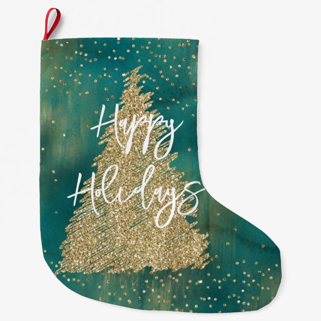 Meia De Natal Grande Árvore de Natal Glitter Dourado Verde Teal (Frente)