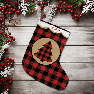 Meia De Natal Grande Árvore de Natal Personalizada Xadrez Búfalo Vermel