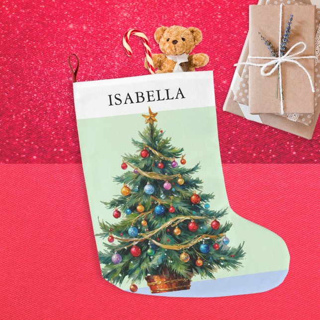 Meia De Natal Grande Árvore Festiva Personalizada Retroativa (A personalized Christmas stocking, with picture of a decorative Christmas tree on both sides)