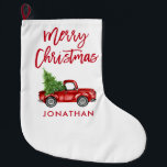 Meia De Natal Grande Árvore Red Brusch Script Vintage Red Truck<br><div class="desc">Pincel Script Watercolor Vintage Red Truck com Árvore de Natal - Parada de Natal</div>