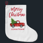 Meia De Natal Grande Árvore Red Brusch Script Vintage Red Truck<br><div class="desc">Pincel Script Watercolor Vintage Red Truck com Árvore de Natal - Parada de Natal</div>