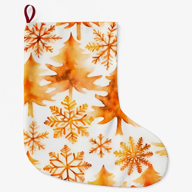 Meia De Natal Grande Árvores de Férias de Neve Douradas (Frente)