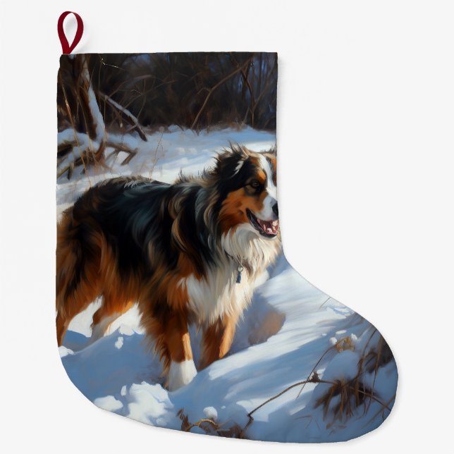Meia De Natal Grande Australian Shepherd Deixe Cair a Neve Natal (Frente)