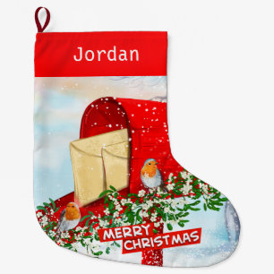 Meia De Natal Grande Aves De Inverno Numa Caixa De Posto Vermelho Neve