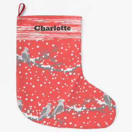 Meia De Natal Grande Aves de Natal cor-de-rosa e neves