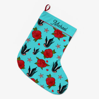 Meia De Natal Grande Aves de tatuagem e Rosas com padrões Rockabilly
