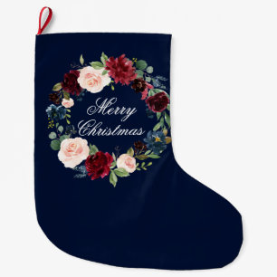 Meia De Natal Grande Azul floral da grinalda da aguarela