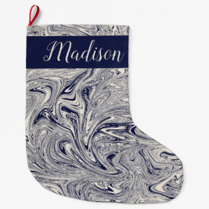 Meia De Natal Grande Azul Personalizado e Mármore Branco