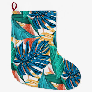 Meia De Natal Grande Azul Tropical folhas amarelas