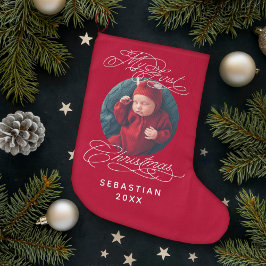 Meia De Natal Grande Baby My First Christmas Custom Text Photo Elegant
