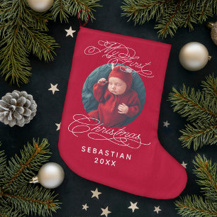 Meia De Natal Grande Baby My First Christmas Custom Text Photo Elegant