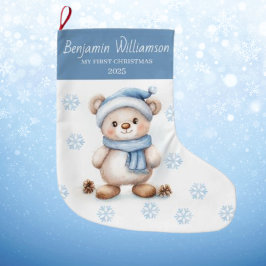 Meia De Natal Grande Baby's 1st Christmas Blue Snowflakes Bear