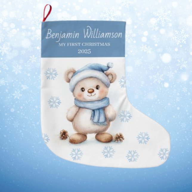 Meia De Natal Grande Baby's 1st Christmas Blue Snowflakes Bear  (Criador carregado)