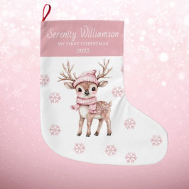 Meia De Natal Grande Babys 1st Christmas Pink Snowflakes Deer Woodland
