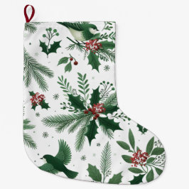 Meia De Natal Grande Bagas e Pássaros Verde Esmeralda