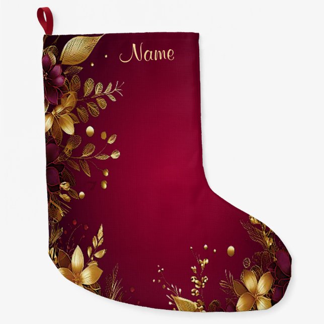 Meia De Natal Grande Banheiro das Flores Douradas Vermelhas Burgundy (Frente)