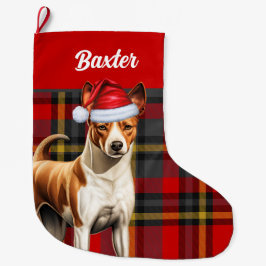 Meia De Natal Grande Basenji Dog Red e Green Xadrez com nome