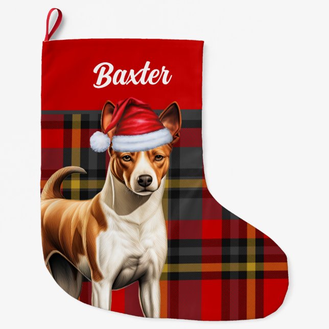 Meia De Natal Grande Basenji Dog Red e Green Xadrez com nome (Frente)