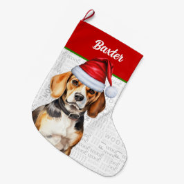 Meia De Natal Grande Beagle de Natal com nome de cão