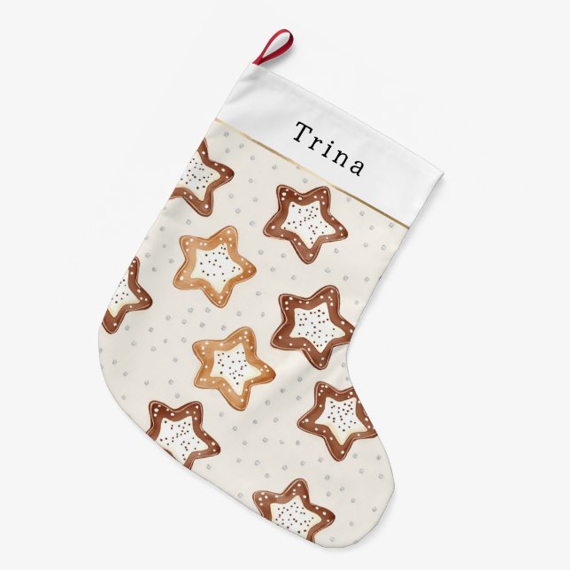 Meia De Natal Grande Biscoitos Natal Estrela Branco Creme Marrom   (Frente (Pendurada))