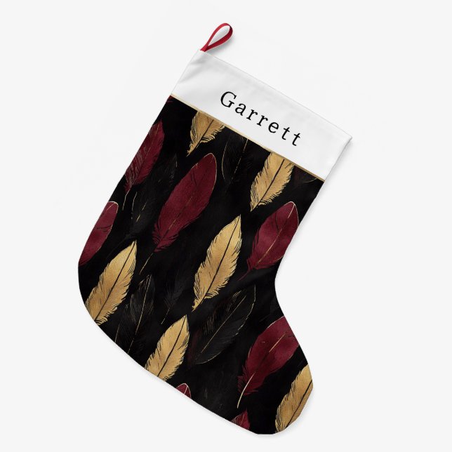 Meia De Natal Grande Black Red Gold Feathers Christmas (Frente (Pendurada))