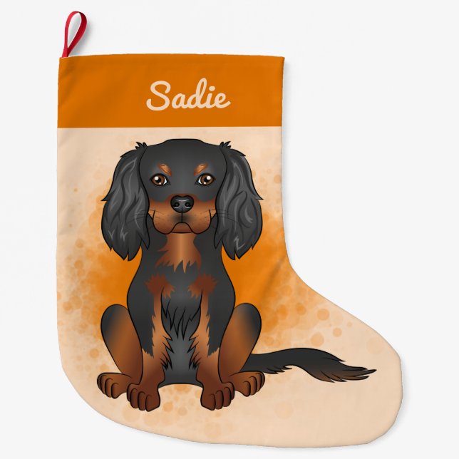 Meia De Natal Grande Black & Tan Cavalier King Charles Dog Em Laranja (Frente)