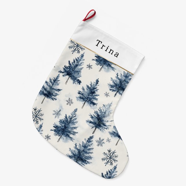 Meia De Natal Grande Blue White Christmas Trees Snowflakes (Frente (Pendurada))