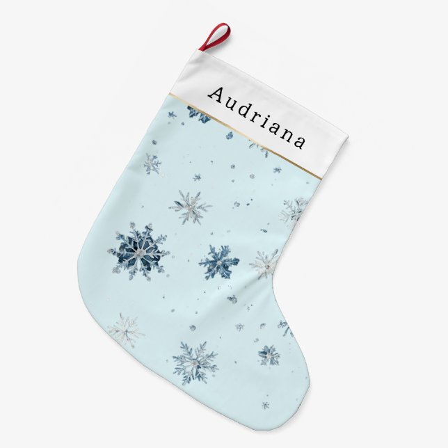 Meia De Natal Grande Blue Winter Snowflakes   (Frente (Pendurada))