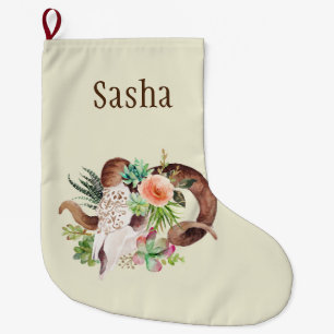Meia De Natal Grande Boho Floral Ram Skull Personalizado