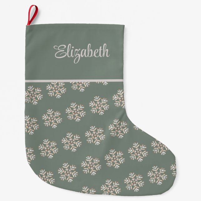 Meia De Natal Grande Boho Sage Green Snowflakes Nome Personalizado Nata (Frente)