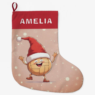 Meia De Natal Grande Bola de Volei Chapéu de Papai Noel Vermelho Nome