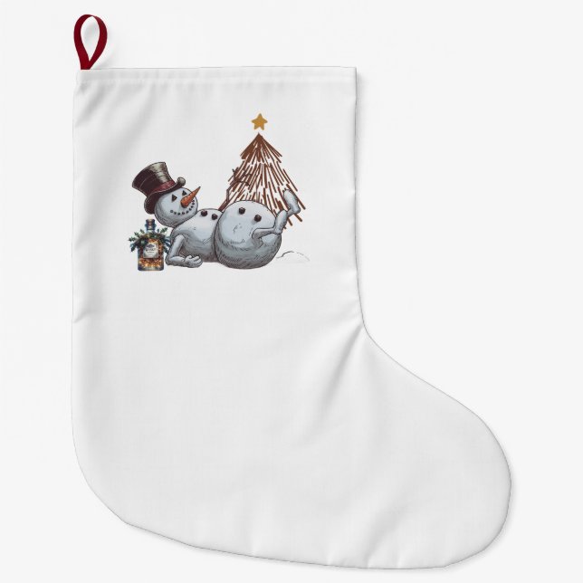 Meia De Natal Grande Boneco de neve bêbado com uma garrafa de uísque. (Frente)
