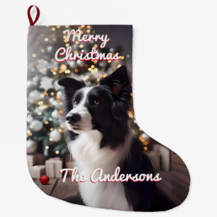 Meia De Natal Grande Bonita Collie de Borda e Vermelho de Árvore de Nat