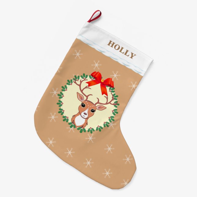 Meia De Natal Grande Bonita Reindeer de Natal em Beige (Frente (Pendurada))