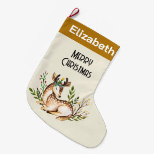 Meia De Natal Grande Bonito Aquarela com veado para baixo