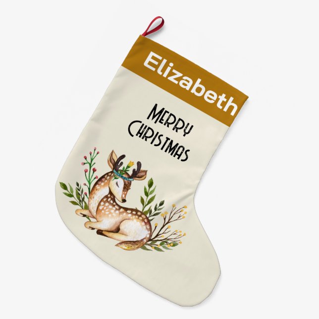 Meia De Natal Grande Bonito Aquarela com veado para baixo (Frente (Pendurada))