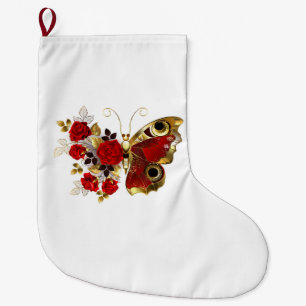 Meia De Natal Grande Borboleta de flor vermelha com rosas vermelhas