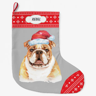 Meia De Natal Grande Borda de Floco de Neve do Bulldog com Chapéu de Pa