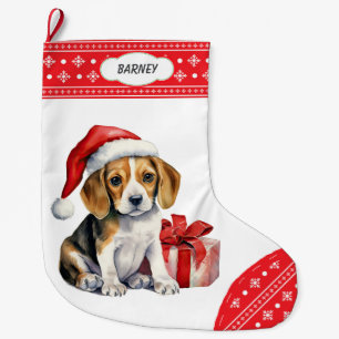 Meia De Natal Grande Borda do Floco de Neve Cute Beagle Puppy Santa Hat
