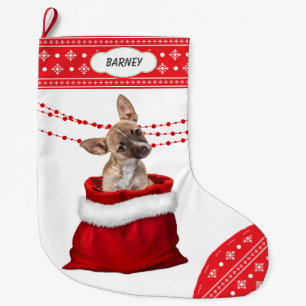 Meia De Natal Grande Borda do Floco de Neve do Chihuahua Puppy Bift Bag