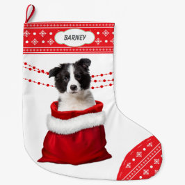 Meia De Natal Grande Borda do Saco do Presente Collie Puppy Snowflake F