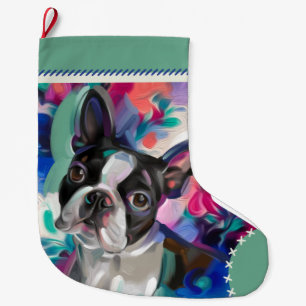 Meia De Natal Grande Boston Terrier Christmas Stocks Ornamento